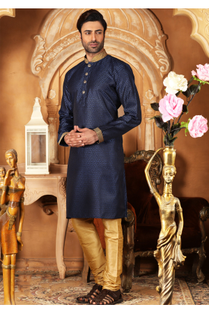 Black With Purple Navy Color Jacquard And Poly Fabric Kurta Set